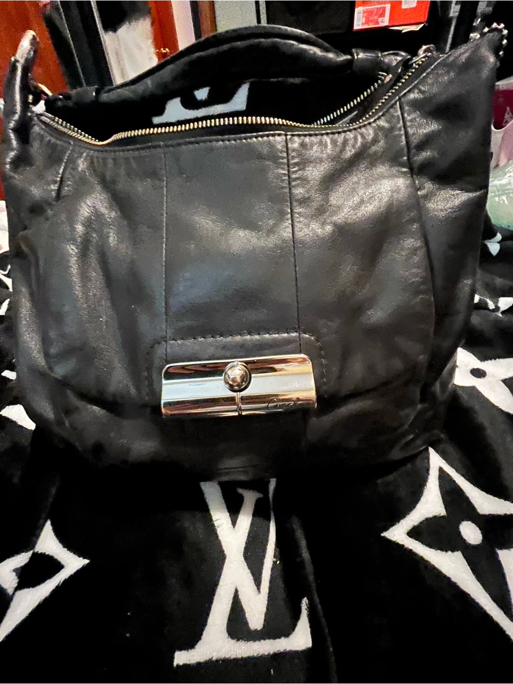 Vintage Coach Black Leather Shoulder Bag and matching wallet please read